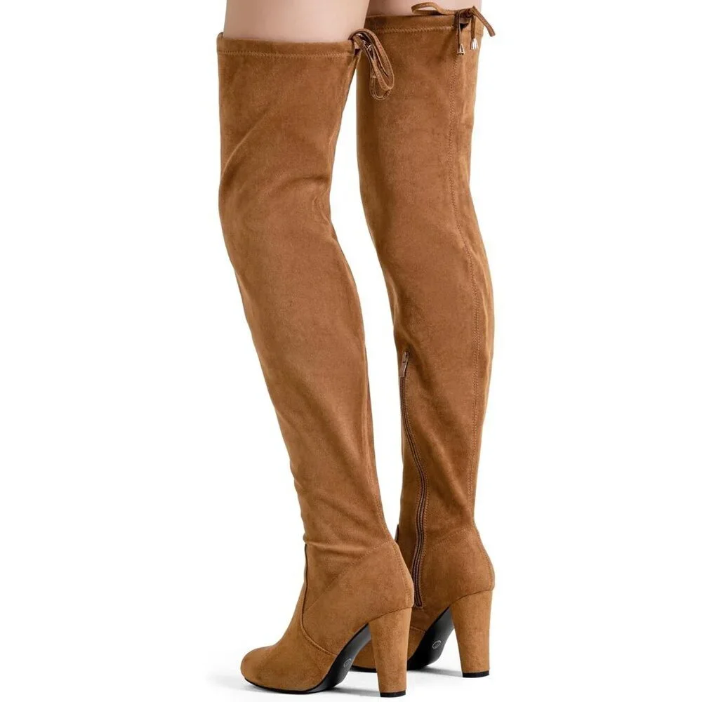 Women's Camel Brown Suede Inner Zipper Thigh High Over The Knee High Heel Boots